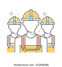 Color line, construction workers illustration, icon, background and graphics. The illustration is colorful, flat, vector, pixel perfect, suitable for web and print. It is linear stokes and fills.