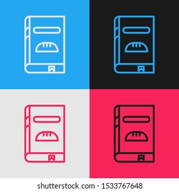 Color line Cookbook icon isolated on color background. Cooking book icon. Recipe book. Fork and knife icons. Cutlery symbol. Vintage style drawing. Vector Illustration