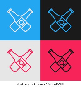 Color line Crossed beer bottle icon isolated on color background. Vintage style drawing. Vector Illustration