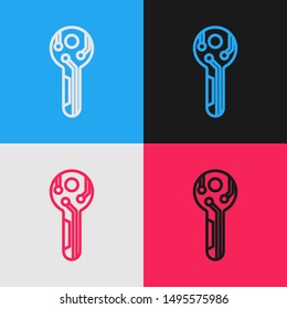 Color line Cryptocurrency key icon isolated on color background. Concept of cyber security or private key, digital key with technology interface. Vintage style drawing. Vector Illustration