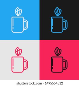 Color line Cup of tea and leaf icon isolated on color background. Vintage style drawing. Vector Illustration