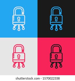 Color line Cyber security icon isolated on color background. Closed padlock on digital circuit board. Safety concept. Digital data protection. Vintage style drawing. Vector Illustration