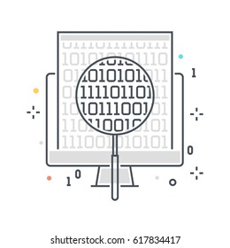 Color line, data testing interface illustration, icon, background and graphics. The illustration is colorful, flat, vector, pixel perfect, suitable for web and print. It is linear stokes and fills.