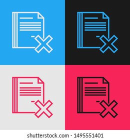 Color line Delete file document icon isolated on color background. Rejected document icon. Cross on paper. Vintage style drawing. Vector Illustration