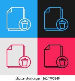 Color line Delete file document icon isolated on color background. Paper sheet with recycle bin sign. Rejected document. Cross on paper. Vintage style drawing. Vector Illustration