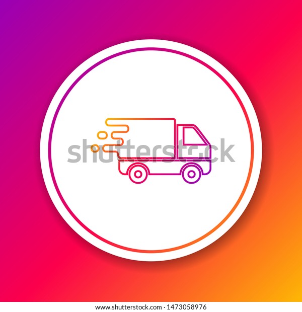 Color line Delivery truck in movement icon\
isolated on color background. Fast shipping delivery truck. Circle\
white button. Vector\
Illustration