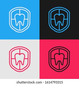Color line Dental protection icon isolated on color background. Tooth on shield logo. Vintage style drawing. Vector Illustration