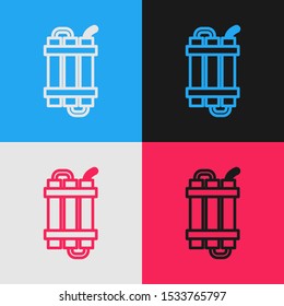 Color line Detonate dynamite bomb stick and timer clock icon isolated on color background. Time bomb - explosion danger concept. Vintage style drawing. Vector Illustration