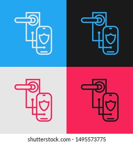 Color line Digital door lock with wireless technology for lock icon isolated on color background. Door handle sign. Security smart home. Vintage style drawing. Vector Illustration