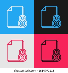 Color line Document and lock icon isolated on color background. File format and padlock. Security, safety, protection concept. Vintage style drawing. Vector Illustration
