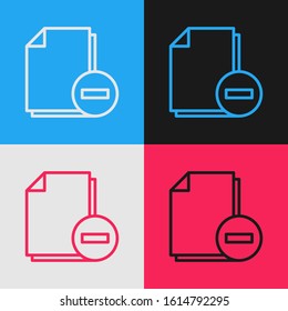 Color line Document with minus icon isolated on color background. Clear document. Remove file document. Delete information file. Vintage style drawing. Vector Illustration