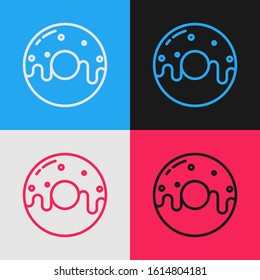 Color line Donut with sweet glaze icon isolated on color background. Vintage style drawing. Vector Illustration