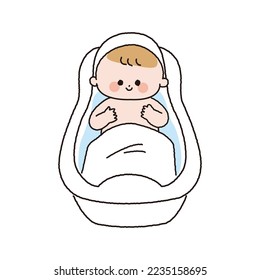Color line drawing of a bathing baby seen from the front.
