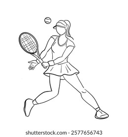 Color line drawing of a beautiful girl playing tennis..Vector illustration isolated on white background.