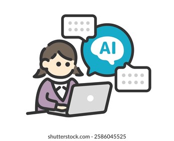 A (color line drawing) illustration of a business woman who works using AI.