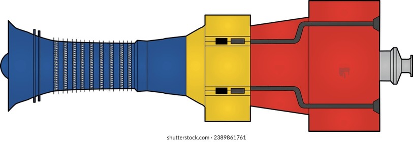 Dibujo de línea de color que muestra una turbina de gas aero-derivada con varillas guía de entrada variable