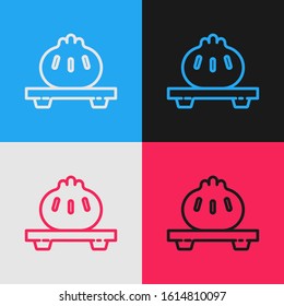 Color line Dumpling on cutting board icon isolated on color background. Traditional chinese dish. Vintage style drawing. Vector Illustration