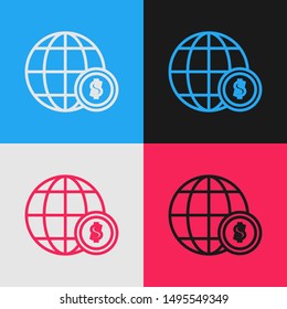 Color line Earth globe with dollar symbol icon isolated on color background. World or Earth sign. Global internet symbol. Geometric shapes. Vintage style drawing. Vector Illustration