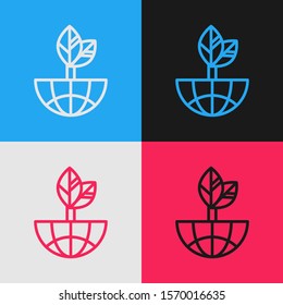 Color line Earth globe and leaf icon isolated on color background. World or Earth sign. Geometric shapes. Environmental concept. Vintage style drawing. Vector Illustration