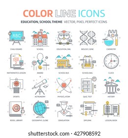 Color line, education, school illustrations, icons, backgrounds and graphics. The illustration is colorful, flat, vector, pixel perfect, suitable for web and print. It is linear stokes and fills.