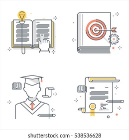 Color line, education, school illustrations, icons, backgrounds and graphics. The illustration is colorful, flat, vector, pixel perfect, suitable for web and print. It is linear stokes and fills.
