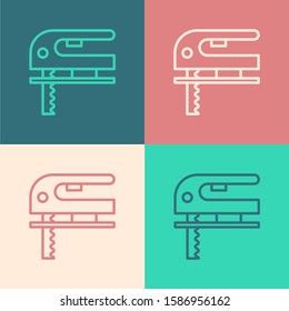 Color line Electric jigsaw with steel sharp blade icon isolated on color background. Power tool for woodwork.  Vector Illustration