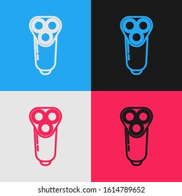 Color line Electric razor blade for men icon isolated on color background. Electric shaver. Vintage style drawing. Vector Illustration