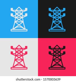 Color line Electric tower used to support an overhead power line icon isolated on color background. High voltage power pole line. Vintage style drawing. Vector Illustration