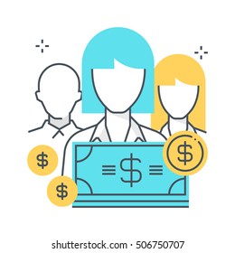 Color line, employee, salary illustration, icon, background and graphics. The illustration is colorful, flat, vector, pixel perfect, suitable for web and print. Linear stokes and fills.