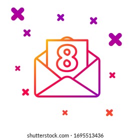 Sobre de línea de color con icono del 8 de marzo aislado en fondo blanco. Mensaje amor. Carta de amor y romance. Día Internacional de la Mujer Feliz. Formas dinámicas aleatorias degradadas. Ilustración vectorial