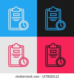 Color line Exam sheet with clock icon isolated on color background. Test paper, exam, or survey concept. School test or exam. Vintage style drawing. Vector Illustration