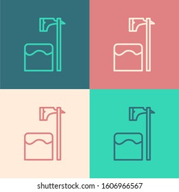 Color line Executioner axe in tree block icon isolated on color background. Hangman, torturer, executor, tormentor, butcher, headsman.  Vector Illustration