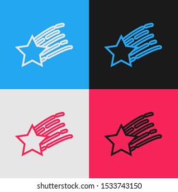 Color line Falling star icon isolated on color background. Shooting star with star trail. Meteoroid, meteorite, comet, asteroid, star icon. Vintage style drawing. Vector Illustration