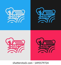 Color line Farm House concept icon isolated on color background. Rustic farm landscape. Vintage style drawing. Vector Illustration