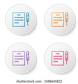 Color line Feather pen and paper scroll icon isolated on white background. Set icons in circle buttons. Vector Illustration