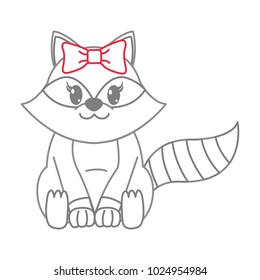 color line female raccoon cute animal with ribbon bow