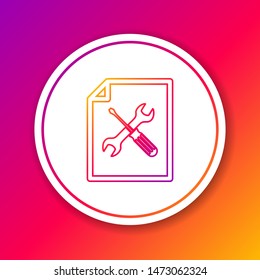 Color line File document with screwdriver and wrench icon isolated on color background. Adjusting, service, setting, maintenance, repair, fixing. Circle white button. Vector Illustration