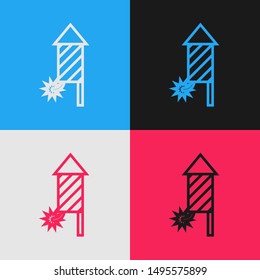 Color line Firework rocket icon isolated on color background. Concept of fun party. Explosive pyrotechnic symbol. Vintage style drawing. Vector Illustration