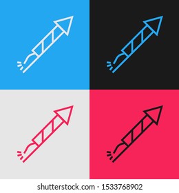 Color line Firework rocket icon isolated on color background. Concept of fun party. Explosive pyrotechnic symbol. Vintage style drawing. Vector Illustration