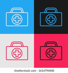 Color line First aid kit icon isolated on color background. Medical box with cross. Medical equipment for emergency. Healthcare concept. Vintage style drawing. Vector Illustration