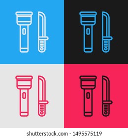 Color line Flashlight and knife icon isolated on color background. Vintage style drawing. Vector Illustration