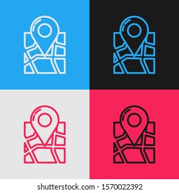 Color line Folded map with location marker icon isolated on color background. Vintage style drawing. Vector Illustration