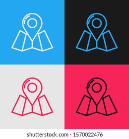 Color line Folded map with location marker icon isolated on color background. Vintage style drawing. Vector Illustration