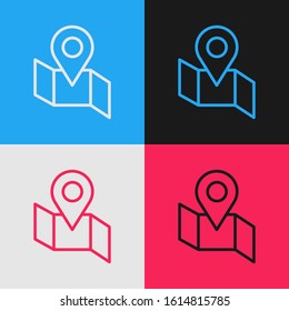 Color line Folded map with location marker icon isolated on color background. Vintage style drawing. Vector Illustration