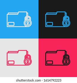 Color line Folder and lock icon isolated on color background. Closed folder and padlock. Security, safety, protection concept. Vintage style drawing. Vector Illustration