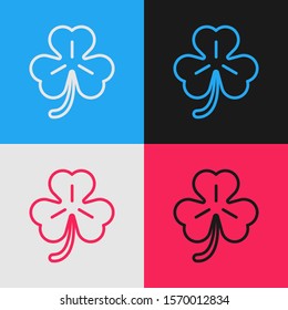 Color line Four leaf clover icon isolated on color background. Happy Saint Patrick day. Vintage style drawing. Vector Illustration