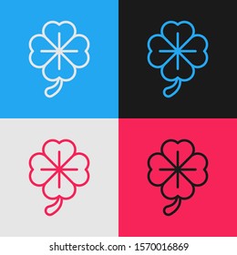 Color line Four leaf clover icon isolated on color background. Happy Saint Patrick day. Vintage style drawing. Vector Illustration