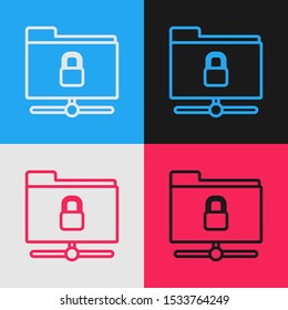 Color line FTP folder and lock icon isolated on color background. Concept of software update. Security, safety, protection concept. Vintage style drawing. Vector Illustration
