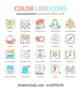 Color line, game design illustrations, icons, backgrounds and graphics. The illustration is colorful, flat, vector, pixel perfect, suitable for web and print. It is linear stokes and fills.