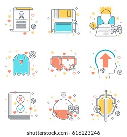 Color line, game design illustrations, icons, backgrounds and graphics. The illustration is colorful, flat, vector, pixel perfect, suitable for web and print. It is linear stokes and fills.